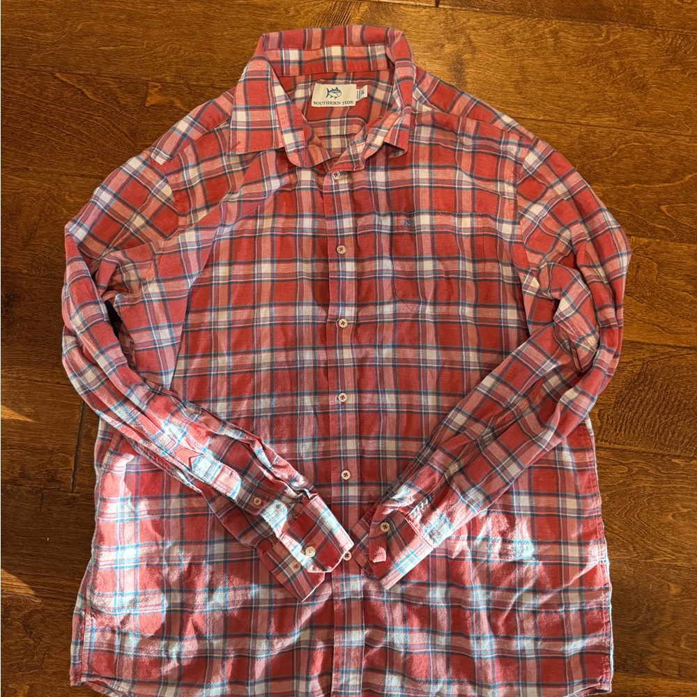 Southern Tide Red and Blue Plaid Button Down Shirt